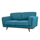 A three-quarter front view of a blue mid-century modern sofa, showcasing its stylish design with two seat cushions, two back cushions, and wooden legs.