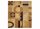 A geometric area rug featuring various shapes in warm tones of brown, beige, and tan, with a mix of patterns including stripes and circles.