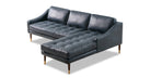 Brando is a modern sectional in blue leather. The chaise of the sectional, when you are facing the sectional, is on the right and the sofa portion is on the left. Walnut stained legs with gold tips toward the floor. The sofa fully upholstered and has swooping arms that taper from the back, down to the front. Both back and seat cushions are removable. The back cushion is smooth, the seat cushion is tufted. (facing front)