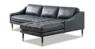 Brando is a modern sectional in blue leather. The chaise of the sectional, when you are facing the sectional, is on the right and the sofa portion is on the left. Walnut stained legs with gold tips toward the floor. The sofa fully upholstered and has swooping arms that taper from the back, down to the front. Both back and seat cushions are removable. The back cushion is smooth, the seat cushion is tufted. (facing front)