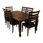 Wooden dining table with six matching chairs on a white background