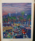 "Down by the Boardwalk" by James Talmadge, an Artist's Proof. The vibrant painting depicts a bustling boardwalk scene at sunset, with palm trees, colorful cars, and crowds of people enjoying the evening. The sky features swirling hues of pink, purple, and blue, with city buildings and a Ferris wheel in the background.