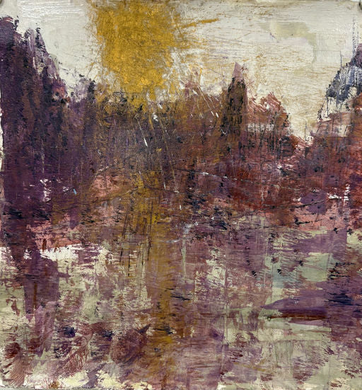 A textured painting featuring abstract shapes and colors, predominantly in shades of purple, gold, and cream, evoking a sense of landscape and light.