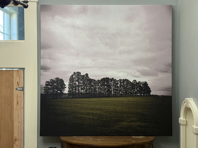 A large artwork featuring dark trees silhouetted against a cloudy sky, set above a green field. The piece is displayed on a wall near wood accents.