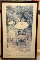 A watercolor painting depicts a woman with an umbrella and two children strolling through a tree-lined path. A baby is in a stroller.