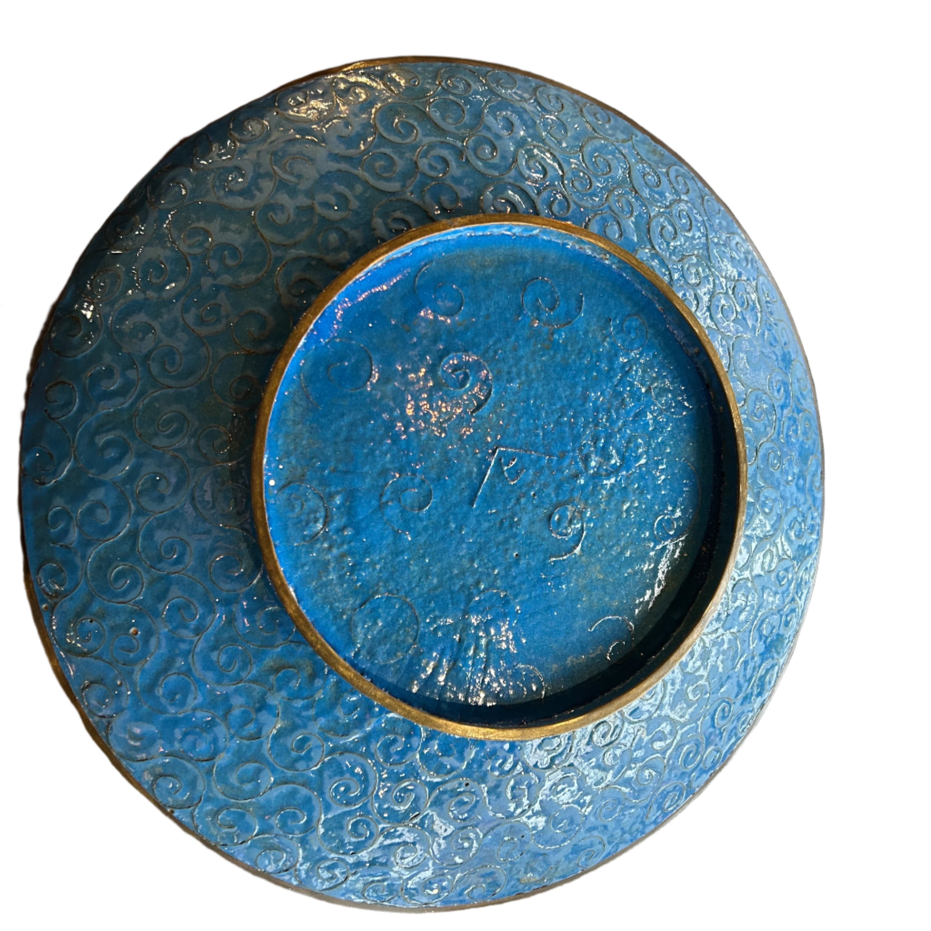 Exquisite Blue Copper Japanese Cloisonne Charger Plate 14 1/8