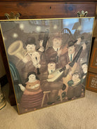 A colorful illustration of musicians playing various instruments, featuring a group of plump figures in vintage attire, set against a warm background.
