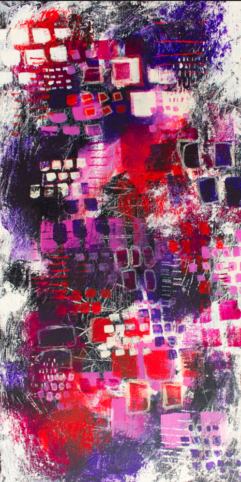Abstract painting featuring a vibrant mix of reds, purples, and blacks, with geometric shapes and textured brushstrokes creating a dynamic visual effect.