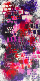 Abstract painting featuring a vibrant mix of reds, purples, and blacks, with geometric shapes and textured brushstrokes creating a dynamic visual effect.