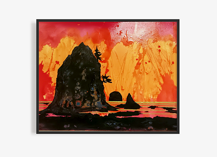 A vibrant abstract landscape featuring dark rock formations silhouetted against a dramatic orange and red sunset, with splashes of color adding texture.
