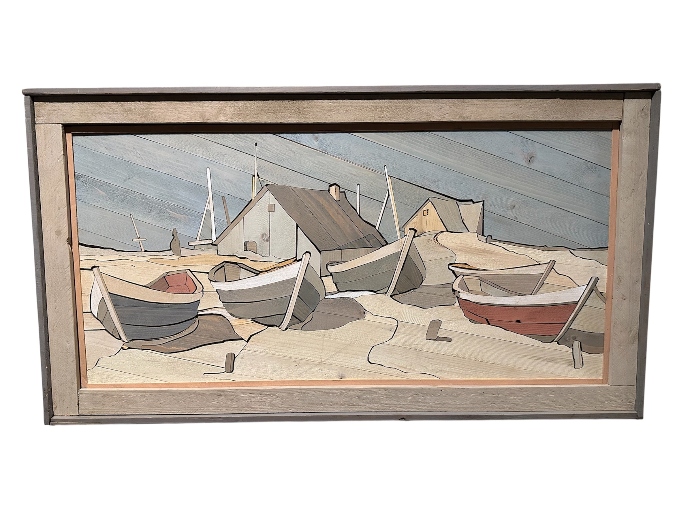 A wooden panel artwork shows several boats on a sandy shore, with cabins in the background and a soft blue sky above.