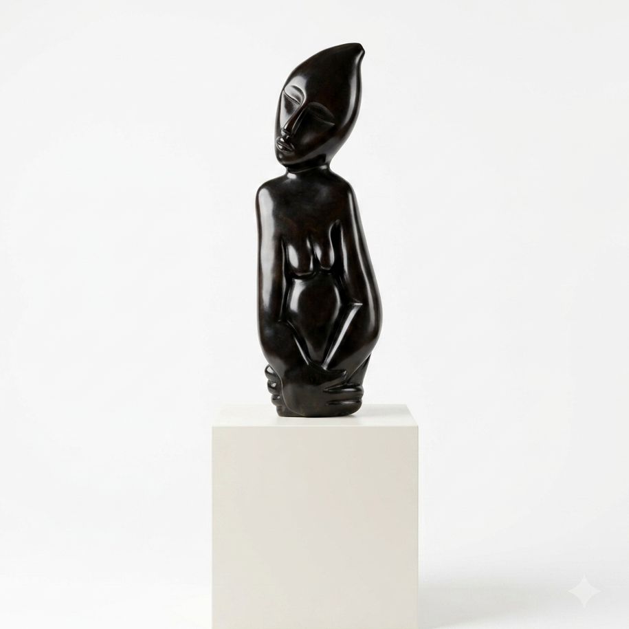 Black abstract sculpture on a white pedestal against a white background