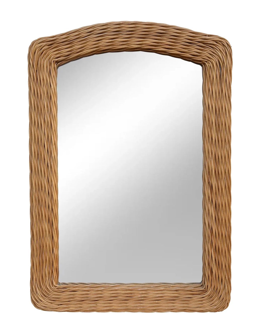 A rectangular mirror with a braided straw-textured frame, featuring an arched top. The reflective glass is surrounded by a warm, natural finish.