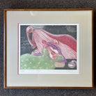 Framed artwork "Time" by Eng Tay featuring abstract figures in pink, green, and purple hues pic