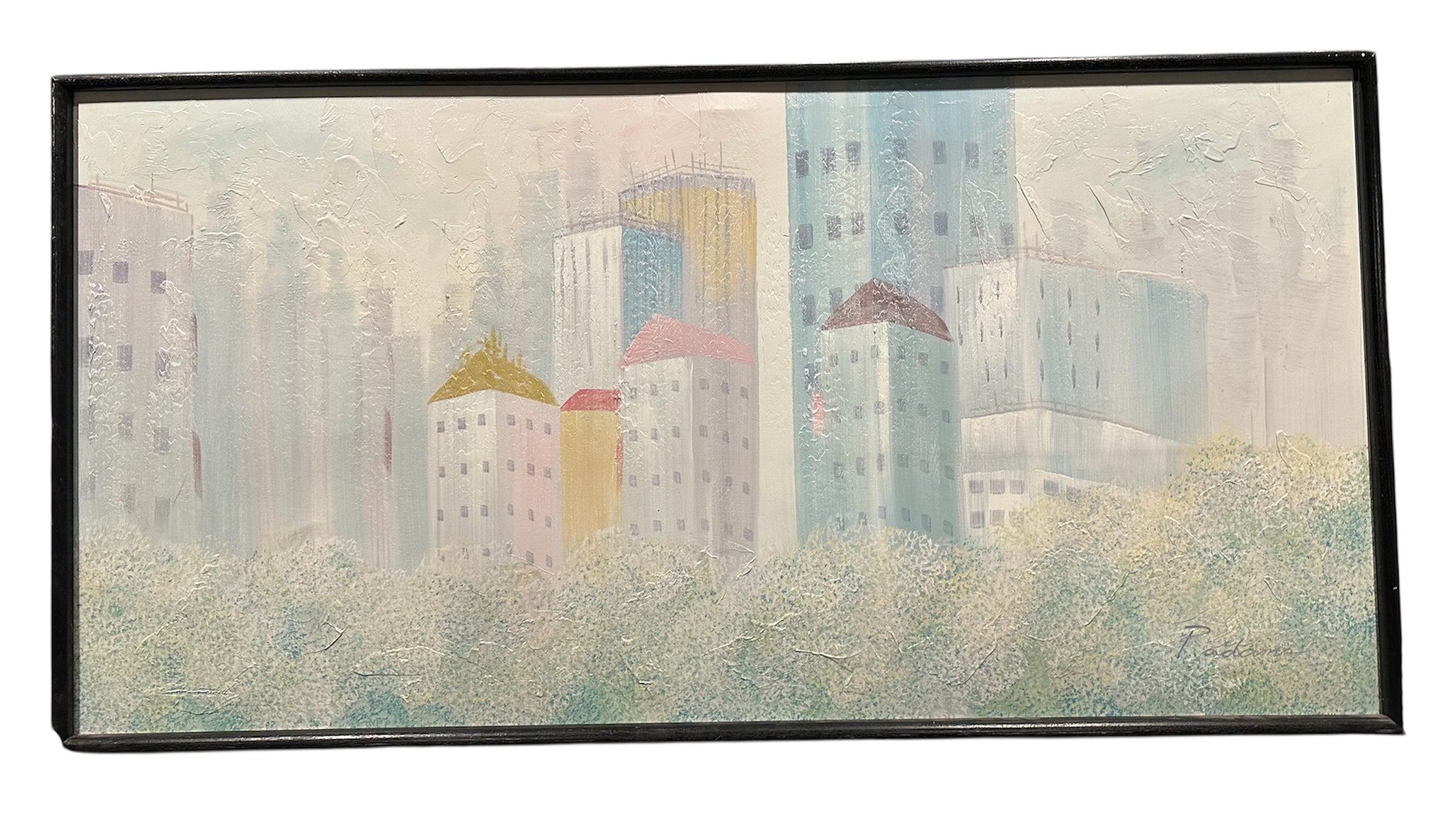 A soft, pastel cityscape with abstract buildings and a textured surface, set against a light background and lush greenery at the bottom.