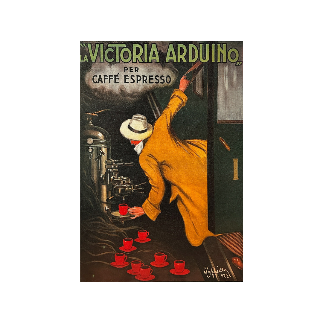 a yellow coated man hanging off of a train pouring himself a cup of espresso in catchy, stylish and vintage italian advert. picture in text states "la victoria arduino' per caffe espresso