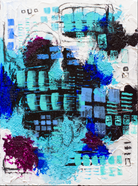 An abstract painting featuring vibrant blue, turquoise, black, and purple textures and shapes, creating a dynamic interplay of colors and patterns.