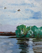 A serene landscape painting featuring a lush green shoreline reflecting in calm waters under a cloudy blue sky. Subtle colors evoke tranquility.