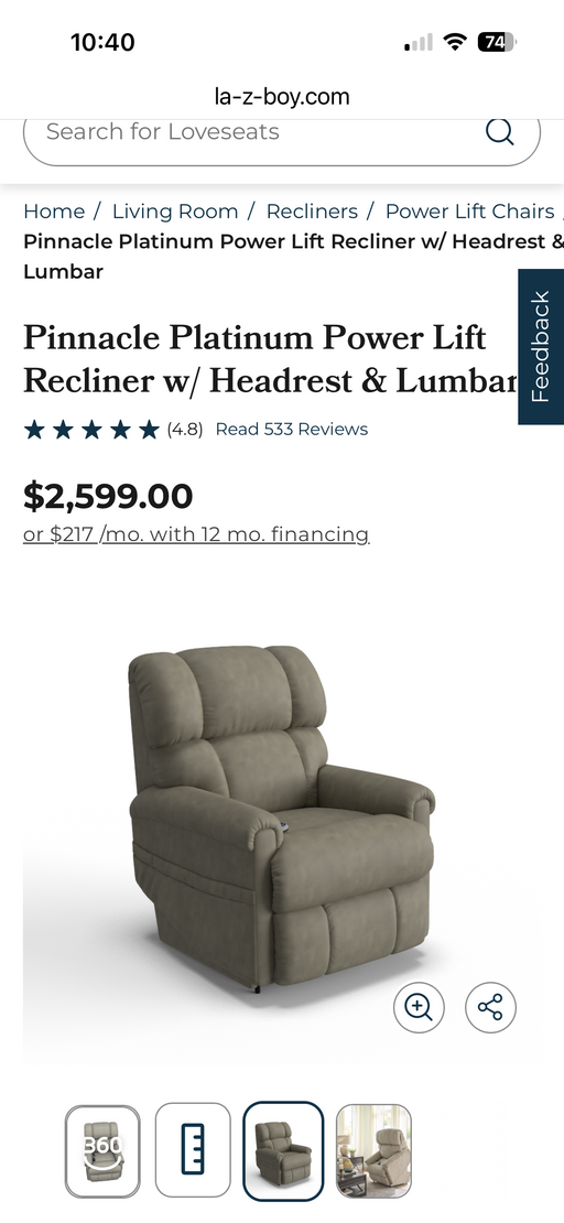 A Pinnacle Platinum Power Lift Recliner in gray fabric, featuring a headrest and lumbar support, priced at $2,599 with financing options available.