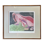 Framed artwork "Time" by Eng Tay featuring abstract figures in pink, green, and purple hues.