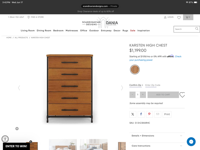Image of the Karsten High Chest, a wooden dresser with five drawers and metal handles, priced at $1,199, displayed on a furniture website.