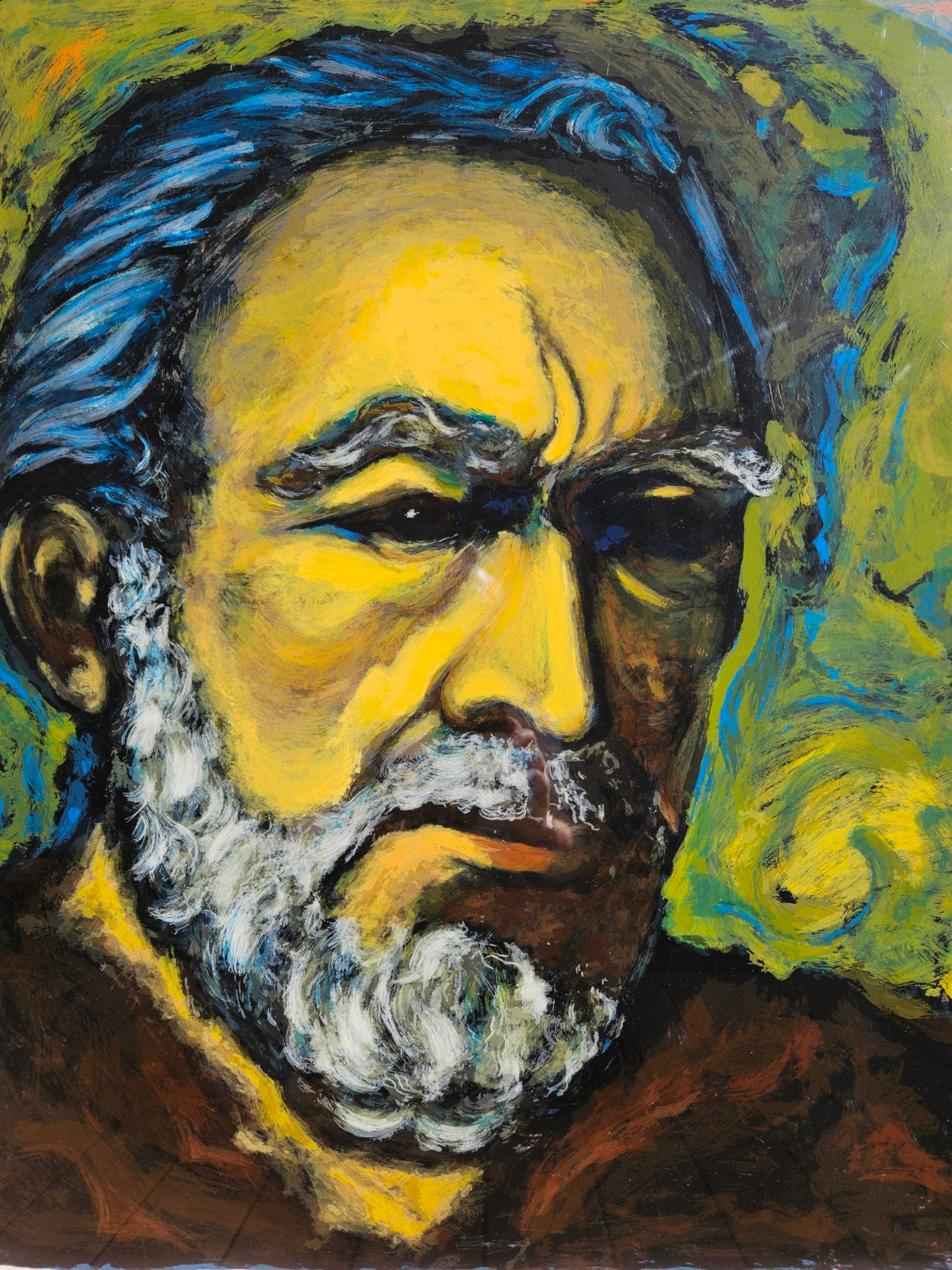 A colorful portrait of an elderly man with a prominent beard and thoughtful expression, set against an abstract, vibrant background.