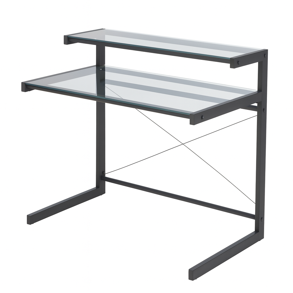 Glass top desk with black metal frame on a white background