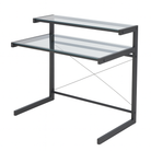 Glass top desk with black metal frame on a white background