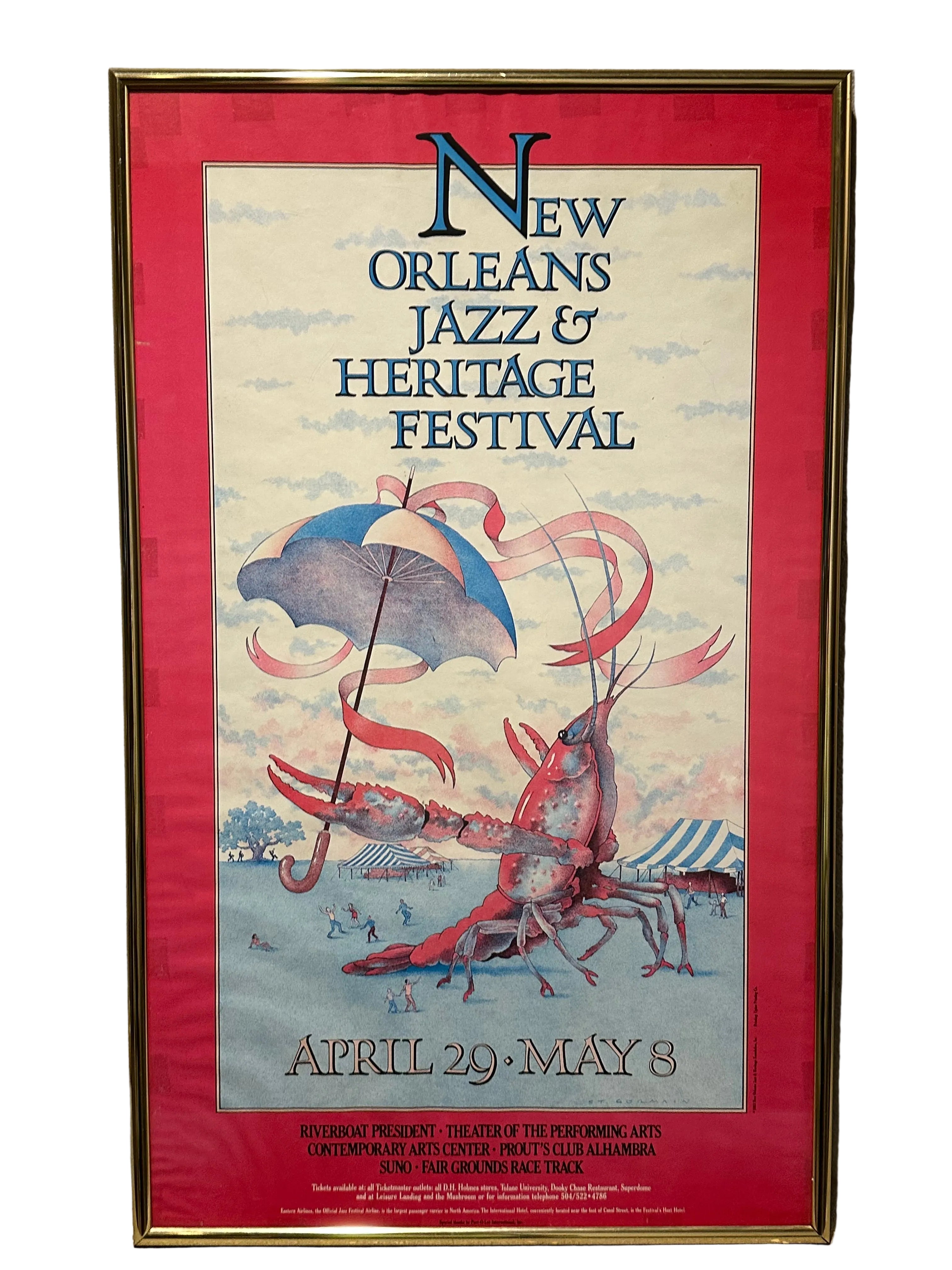 A vibrant poster for the New Orleans Jazz & Heritage Festival featuring a lobster and an umbrella, with event dates April 29 - May 8.
