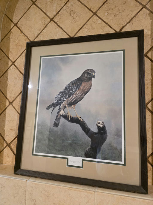 Framed artwork of a hawk perched on a branch, set against a soft background, displaying detailed textures and colors. Decorative tile wall behind it.