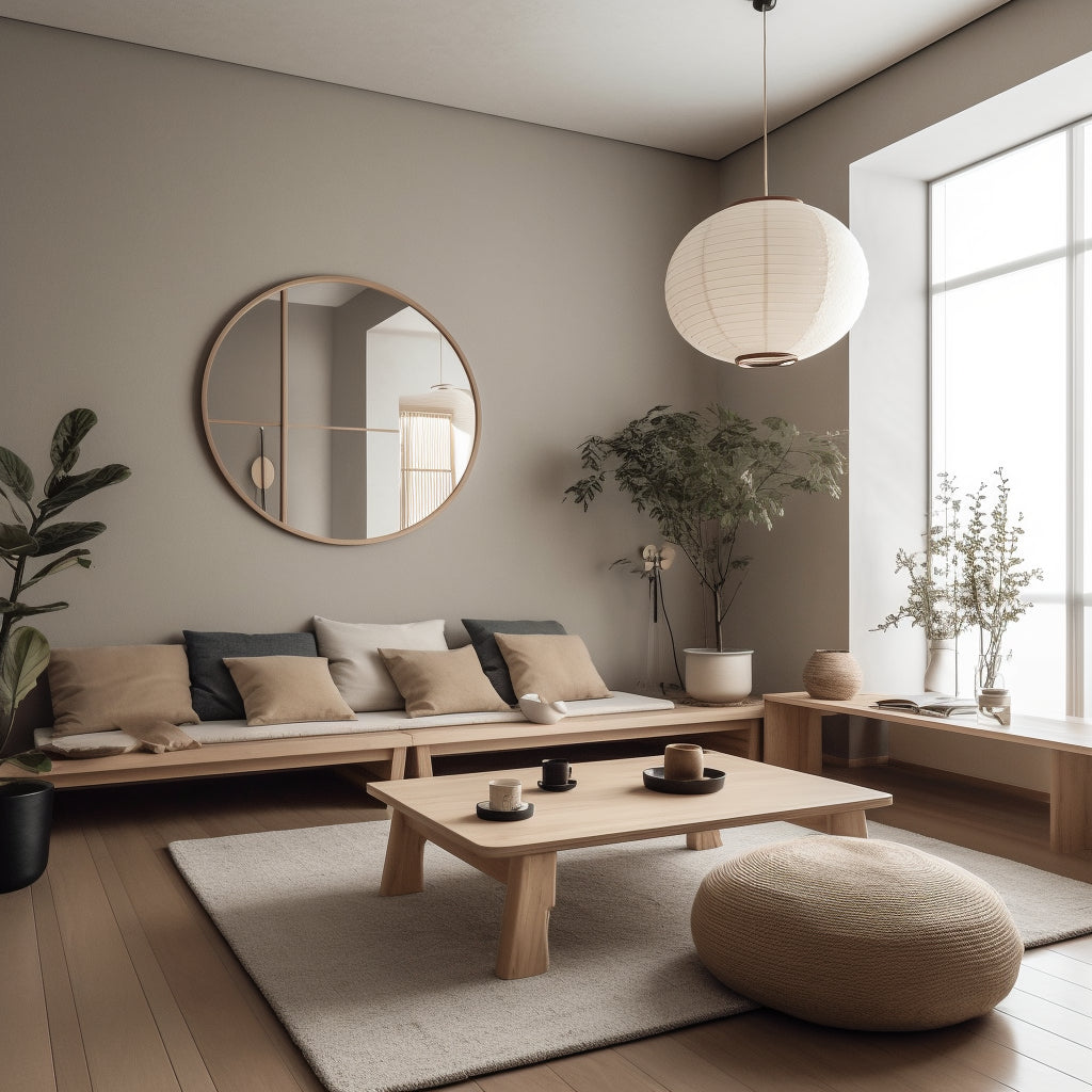 Photo od a peaceful serene Japandi style living room for furniture in Tacoma
