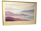 Abstract landscape artwork by Marcus Uzlevsky, featuring layered hills and a shoreline in soft purple and blue hues, framed in gold.