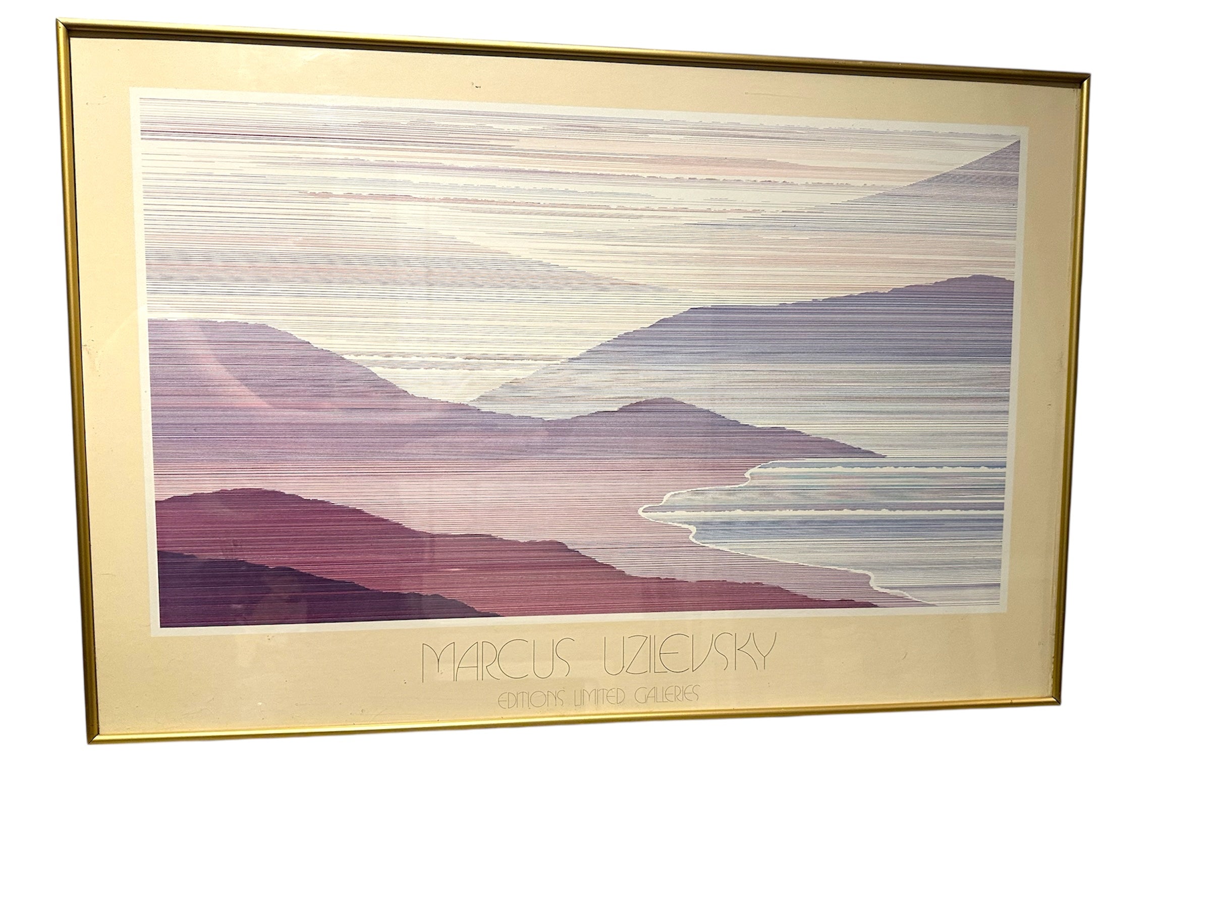 Abstract landscape artwork by Marcus Uzlevsky, featuring layered hills and a shoreline in soft purple and blue hues, framed in gold.