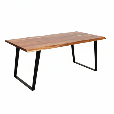 Wooden table with black metal legs on a white background