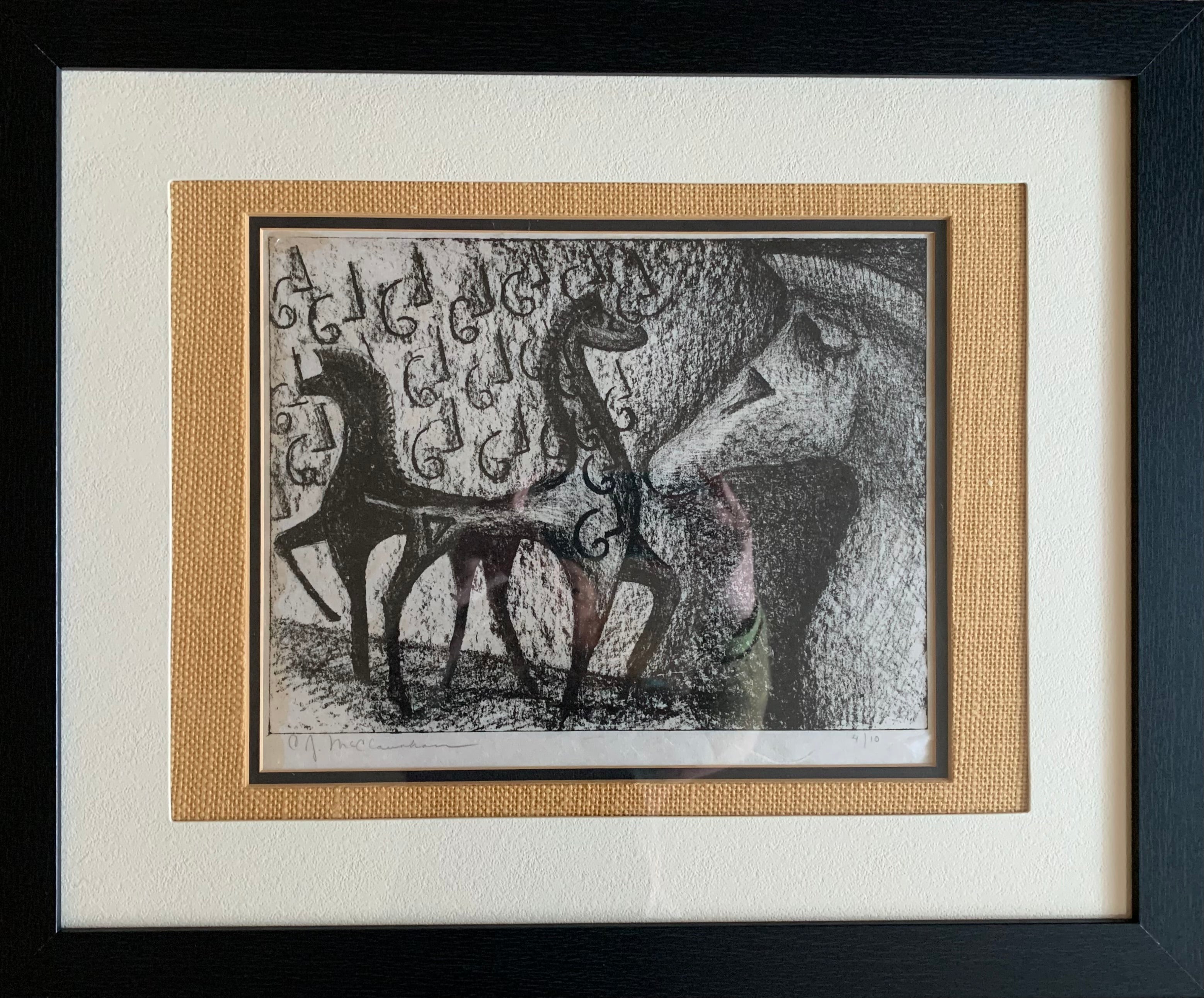 A framed artwork depicting stylized horses in black and white with intricate details, featuring a textured background and a signature at the bottom.