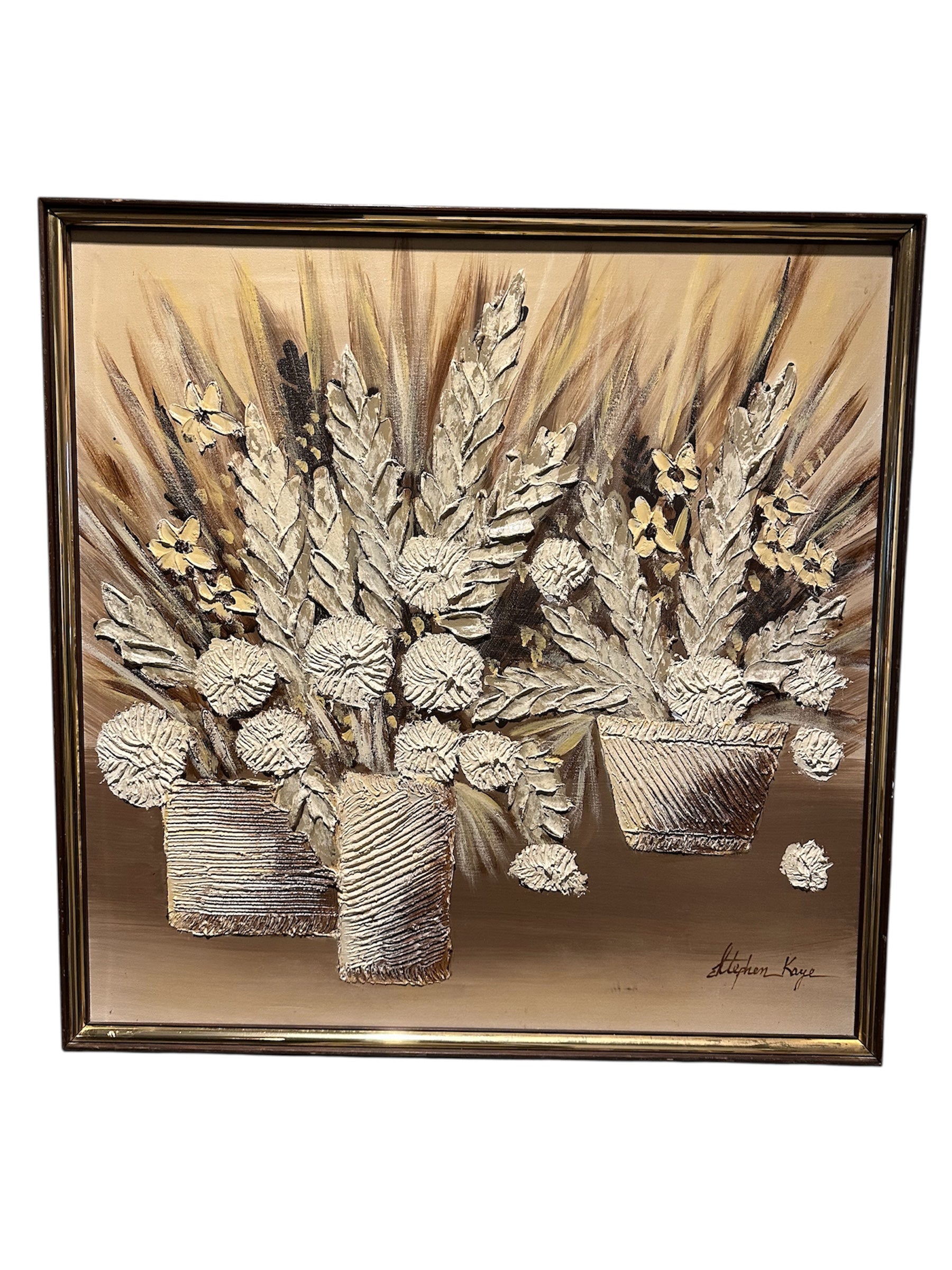 A textured painting featuring three pots of stylized flowers and leaves, rendered in shades of beige, cream, and gold with a metallic frame.