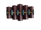 Abstract wall art features a series of vertical, rectangular panels in dark maroon and teal with a central gold accent, mounted on a light wall.