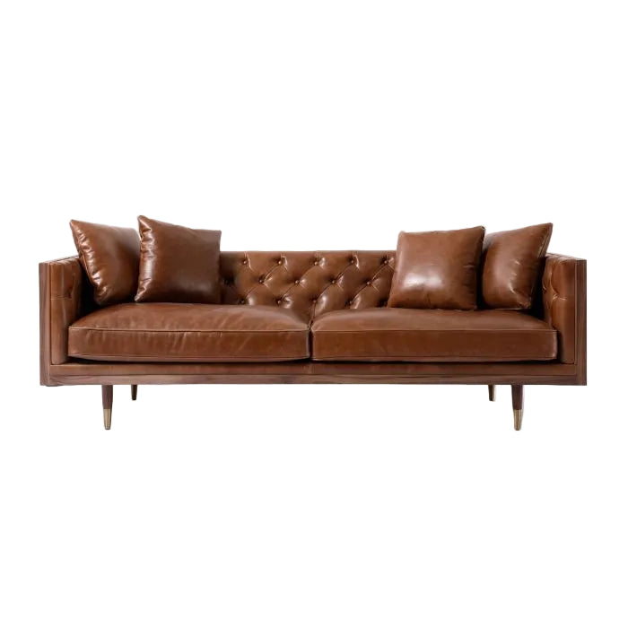 Brown leather sofa with tufted backrest on a white background