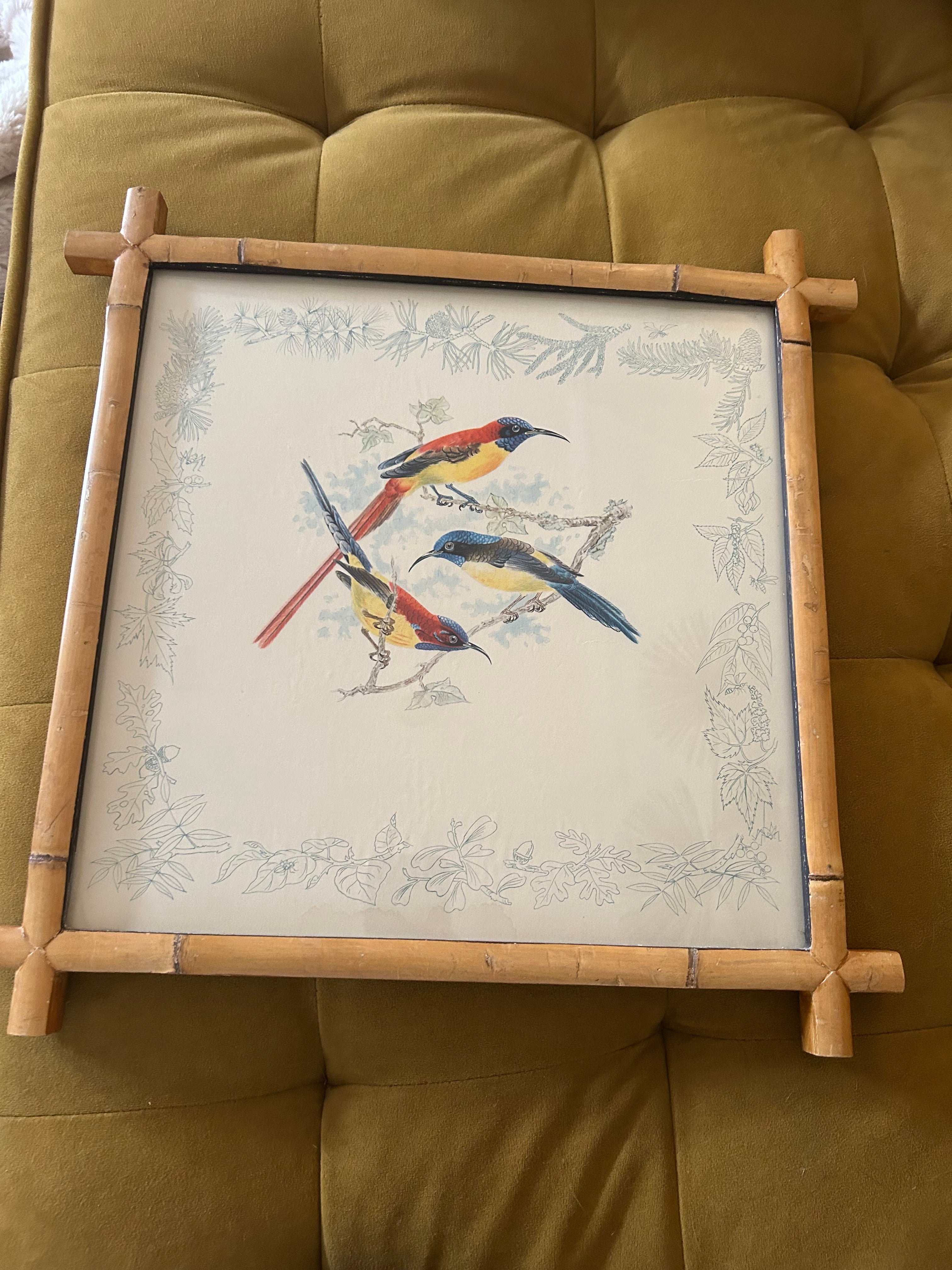 Framed illustration of three colorful birds on a soft background, surrounded by a delicate floral border, resting on a textured yellow surface.