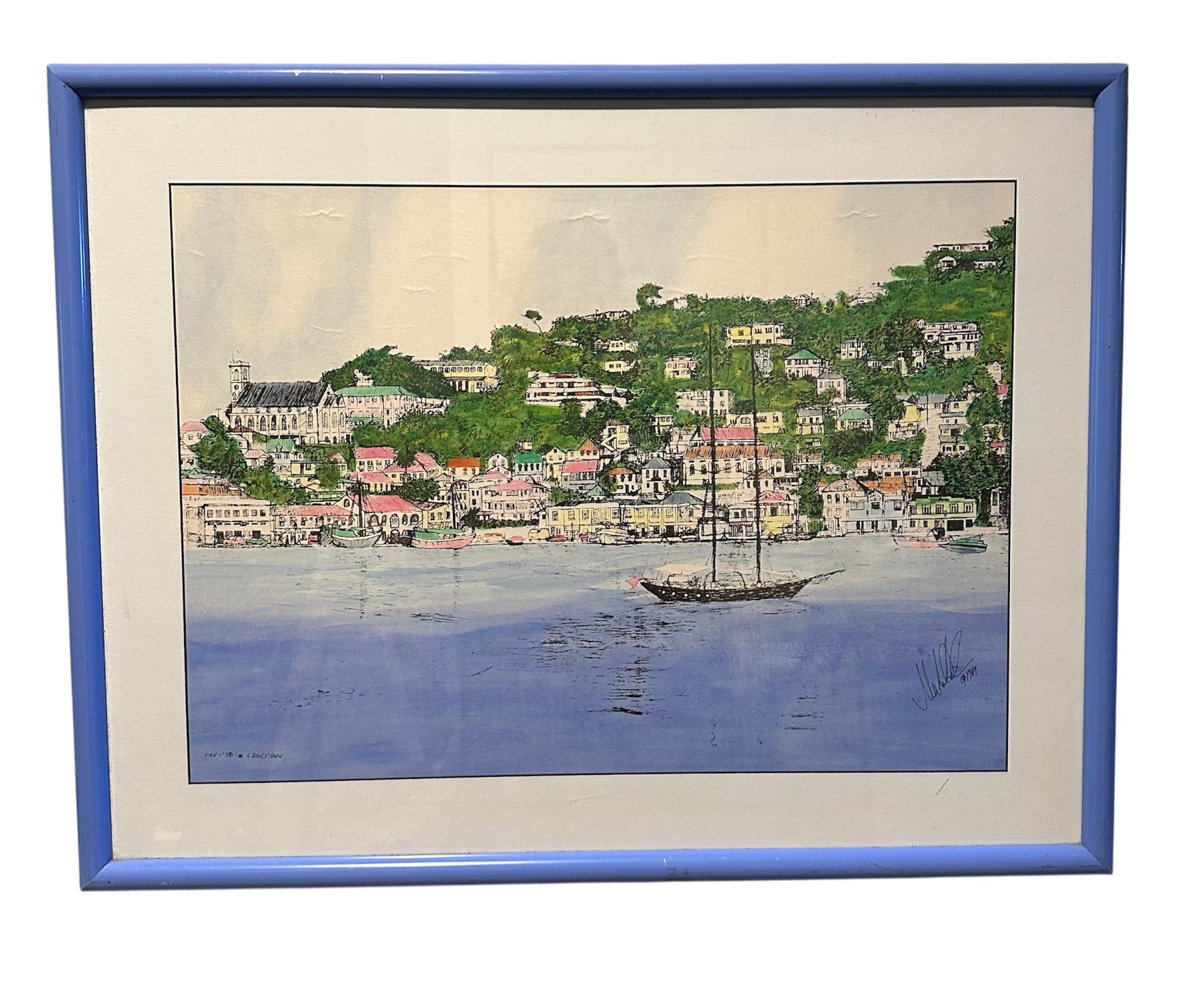 A vibrant illustration of a coastal town with colorful buildings on a hillside, a sailboat in the foreground, and a calm sea. Framed in blue.