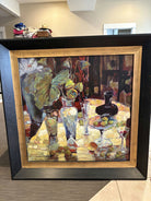 A colorful still life painting featuring a table with fruits, glasses, and a vase, framed in gold and black, set against a warm background.
