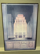 Architectural rendering of an Art Deco department store, showcasing a tall building with stylized details and floor plan layouts below.