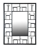 Black metal mirror frame featuring stylized figures of people and animals in a grid pattern surrounding a central reflective surface.