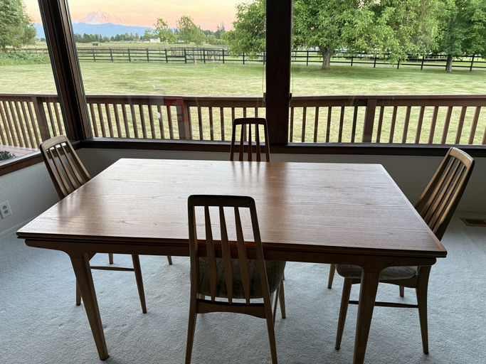 A wooden dining table with four chairs is set against a backdrop of greenery and a distant mountain, framed by large windows.