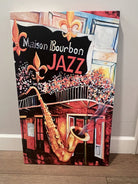 A vibrant painting of Maison Bourbon Jazz with an illustrated saxophone, colorful flowers, and artistic representations of New Orleans culture.
