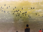 Silhouetted figures observe a flock of birds flying across a golden sky, creating a serene and reflective atmosphere in the scene.