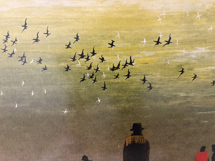 Silhouetted figures observe a flock of birds flying across a golden sky, creating a serene and reflective atmosphere in the scene.
