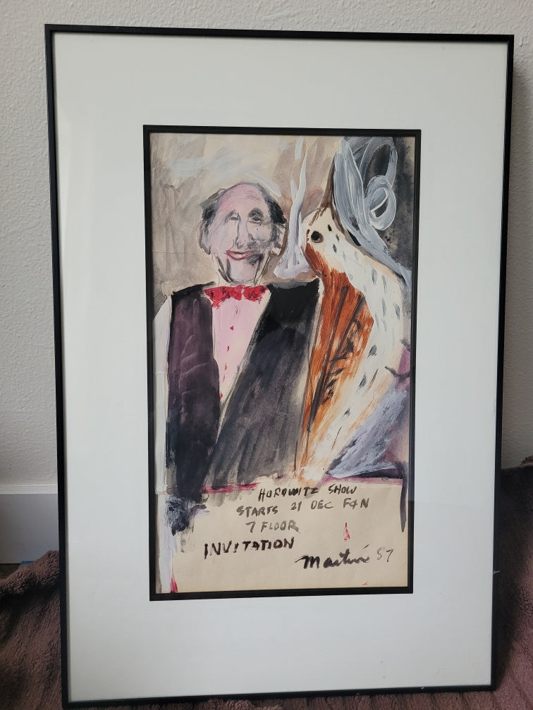 Framed watercolor artwork depicting a smiling man in a suit and a whimsical bird, featuring text about a "Hurovitz Show" invitation from 1957.