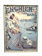 Vintage poster for Enghien-les-Bains featuring a woman in a flowing dress by the water, surrounded by flowers, swans, and sailboats.