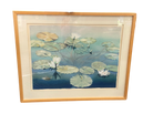 light blue and green pastel muted colors with white waterlillies print in a framed glass and wooden frame 